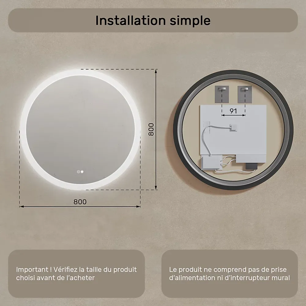 Miroir Lumineux|Artforma Rond Miroir Salle de Bain 80cm, Miroir led avec Tactile, Systeme Couleur DUAL LED et Fonction Anti-buée