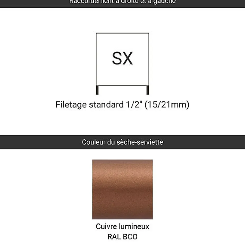 Matisere Sèche-serviette eau chaude cuivre lumineux de 860mm de haut et 500mm de large - 422 Watt - DEX860/500SXBCO