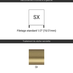 Matisere Sèche-serviette eau chaude doré de 1140mm de haut et 400mm de large - 460 Watt - LIM1140/400SXBRA