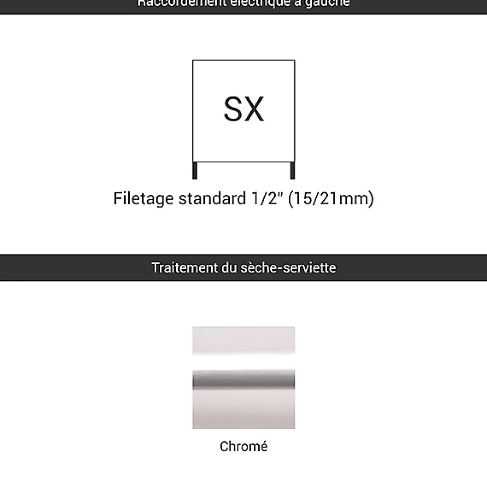 Sèche-Serviettes Eau Chaude|Matisere Sèche-serviette eau chaude chromé de 760mm de haut / 500mm de large - 246 Watt - BON760/500SXCRO