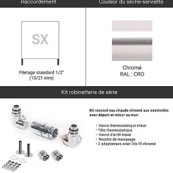 Matisere Sèche-serviette eau chaude chromé de 660mm de haut et 430mm de large - 179 Watt - FIO660/430SXCROK