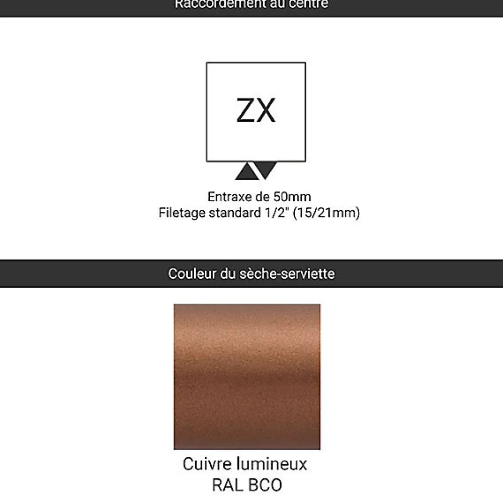 Matisere Sèche-serviette eau chaude cuivre lumineux de 1760mm de haut et 400mm de large - 646 Watt - DEX1760/400ZXBCO