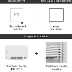 Matisere Sèche-serviette électrique blanc de 1020mm de haut et 640mm de large - 1000 Watt - TYT1020/640E8BBLO