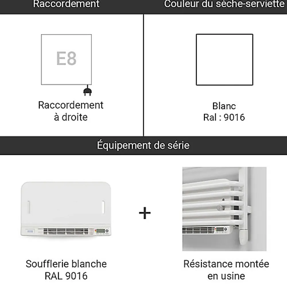 Matisere Sèche-serviette électrique blanc de 1180mm de haut et 500mm de large - 600 Watt - POL1180/500E8BBLO