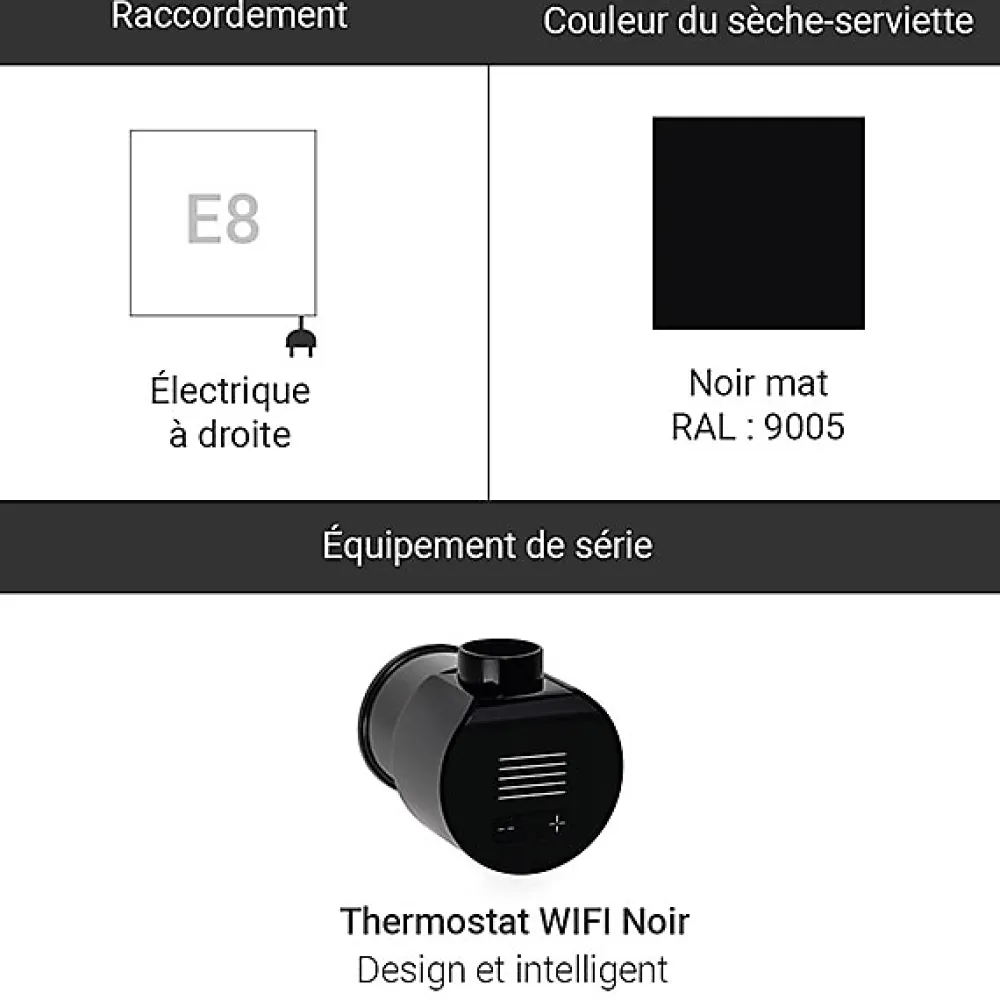 Matisere Sèche-serviette électrique noir thermostat wifi - HxL 1460x300mm - 800 Watt - LIM1460/300E8NW
