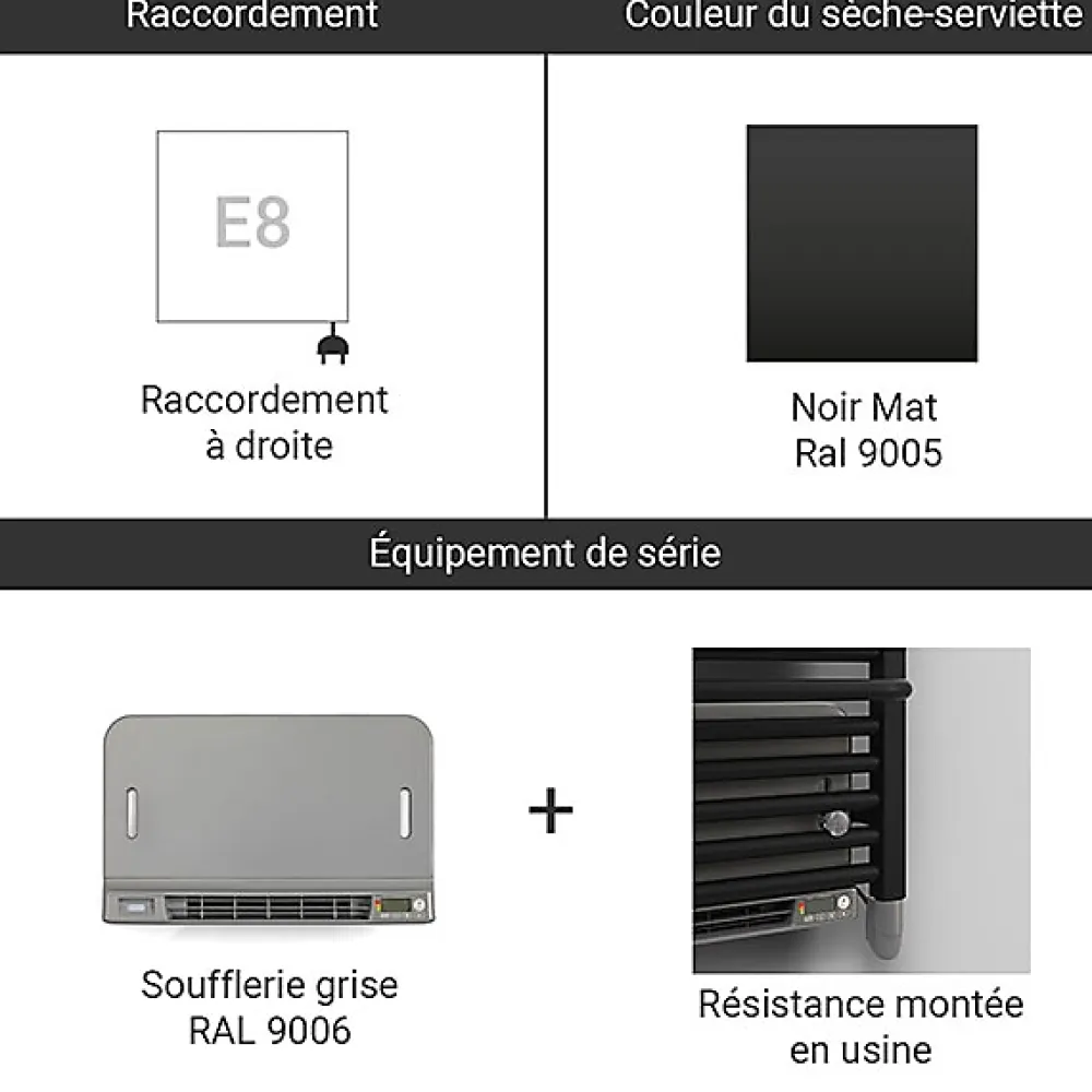 Sèche-Serviettes Soufflant|Matisere Sèche-serviette électrique noir de 1110mm de haut et 500mm de large - 600 Watt - WAR1110500TE8NBLO