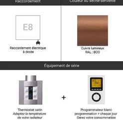 Matisere Sèche-serviette électrique programmable cuivré - HxL 1610x500mm - 800 Watt - STA1610/500E8BCOP
