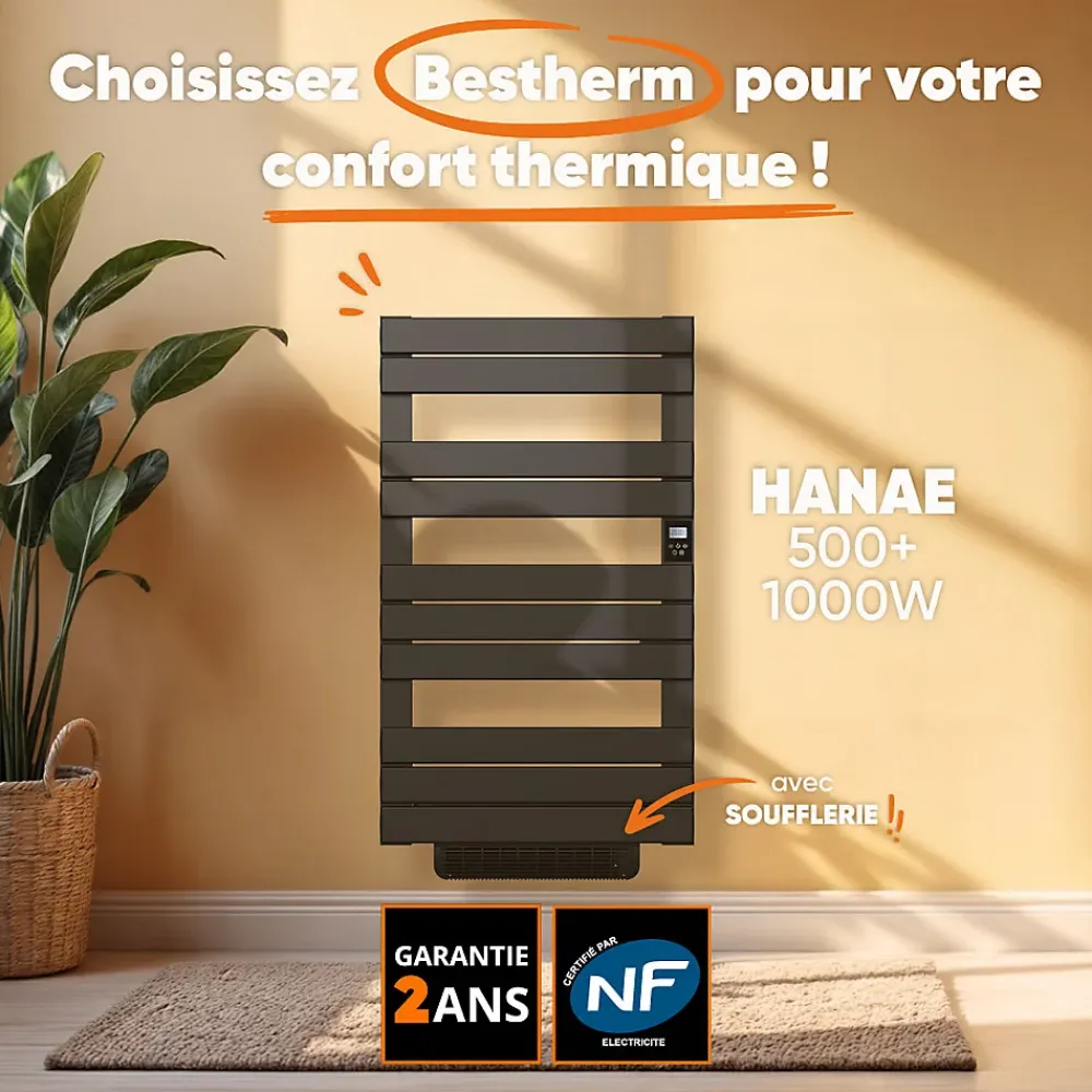 Bestherm Sèche-serviette électrique sans fluide avec soufflerie 500 + 1000 W H.108,4xL60cm HANAE noir