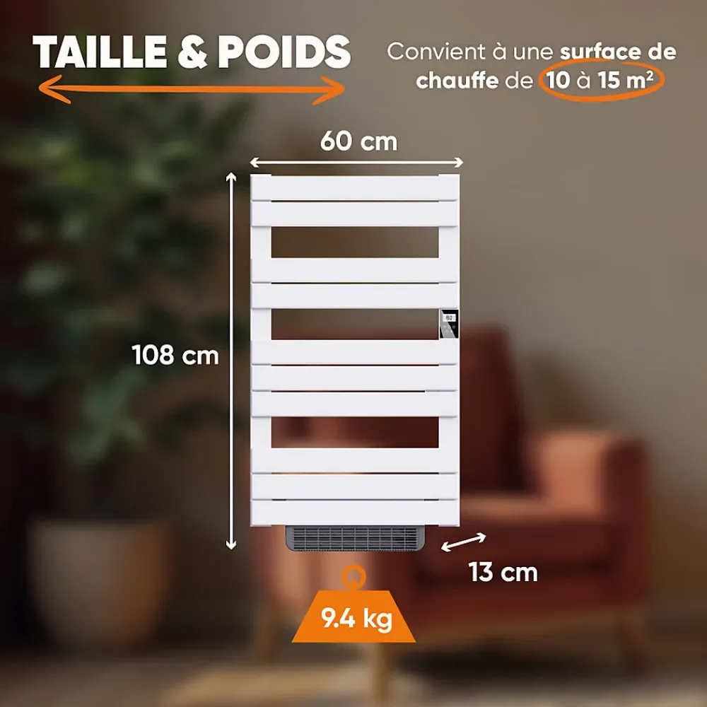 Sèche-Serviettes Soufflant|Bestherm Sèche-serviette électrique sans fluide avec soufflerie 500W+1000W H.108,4xL60cm HANAE blanc