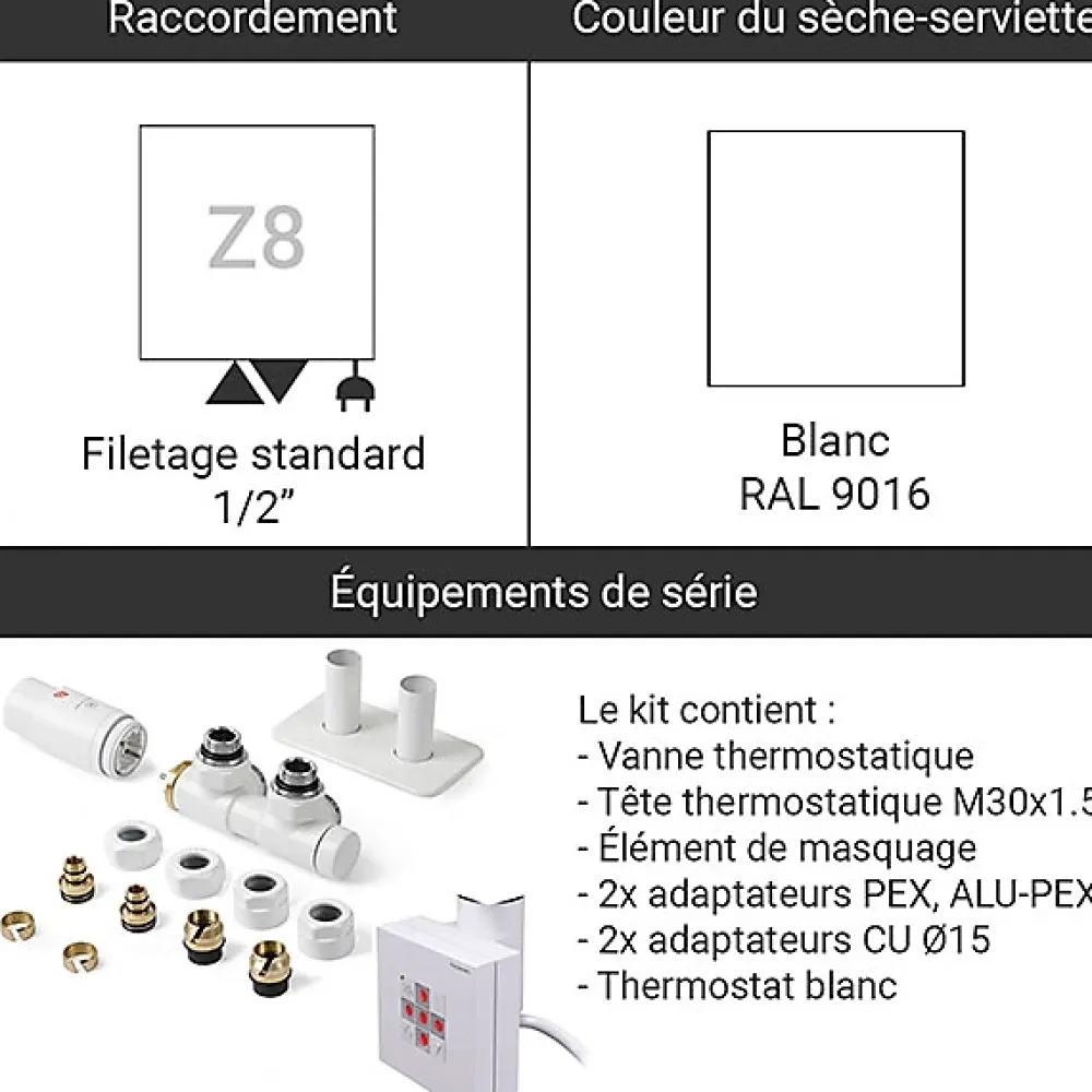 Matisere Sèche-serviette mixte blanc de 1150mm de haut et 600mm de large - 501 Watt - VIV1150/600KDZ8B