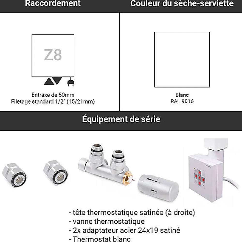 Sèche-Serviettes Mixte|Matisere Sèche-serviette mixte blanc de 1545mm de haut et 500mm de large - 581 Watt - ZIG1545/500KDZ8B