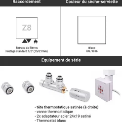 Matisere Sèche-serviette mixte blanc de 1780mm de haut et 500mm de large - 627 Watt - ZIG1780/500KDZ8B