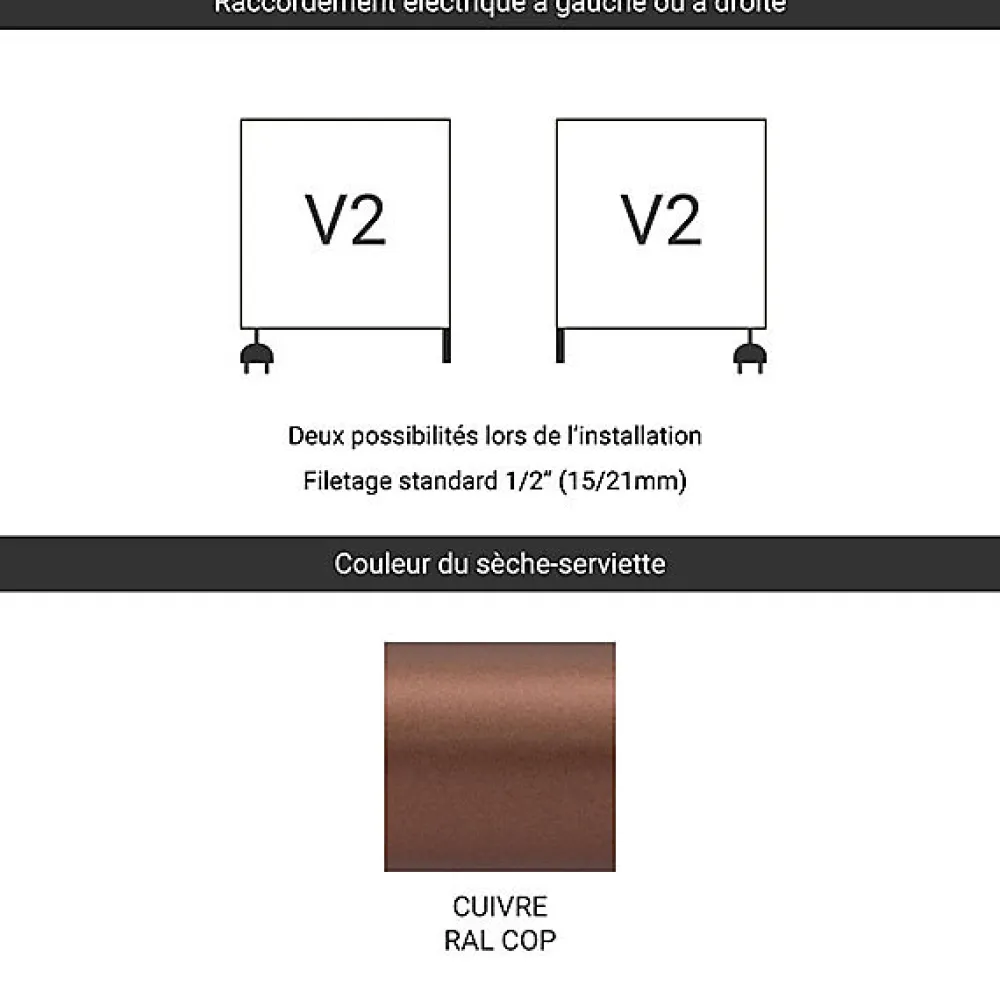 Matisere Sèche-serviette mixte cuivre de 1149mm de haut et 600mm de large - 555 Watt - JAD1149/600V2COP