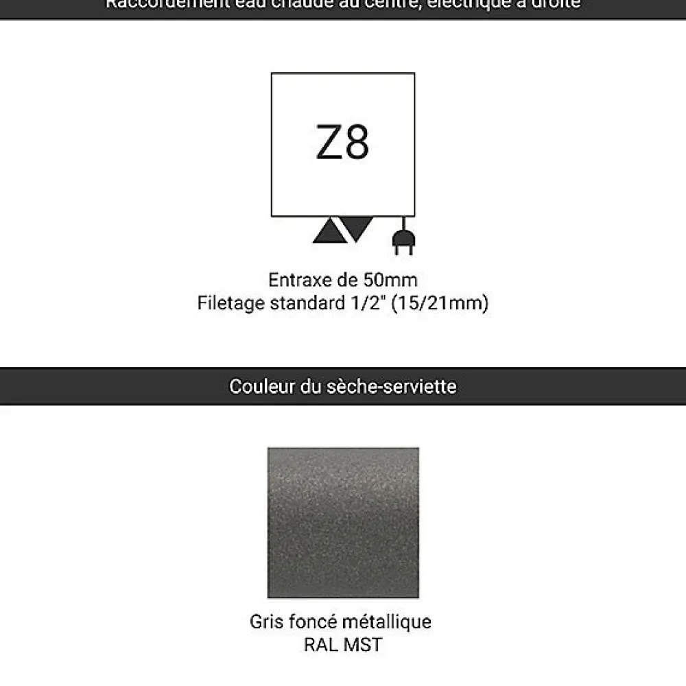 Sèche-Serviettes Mixte|Matisere Sèche-serviette mixte gris de 1780mm de haut et 500mm de large - 627 Watt - ZIG1780/500Z8MST