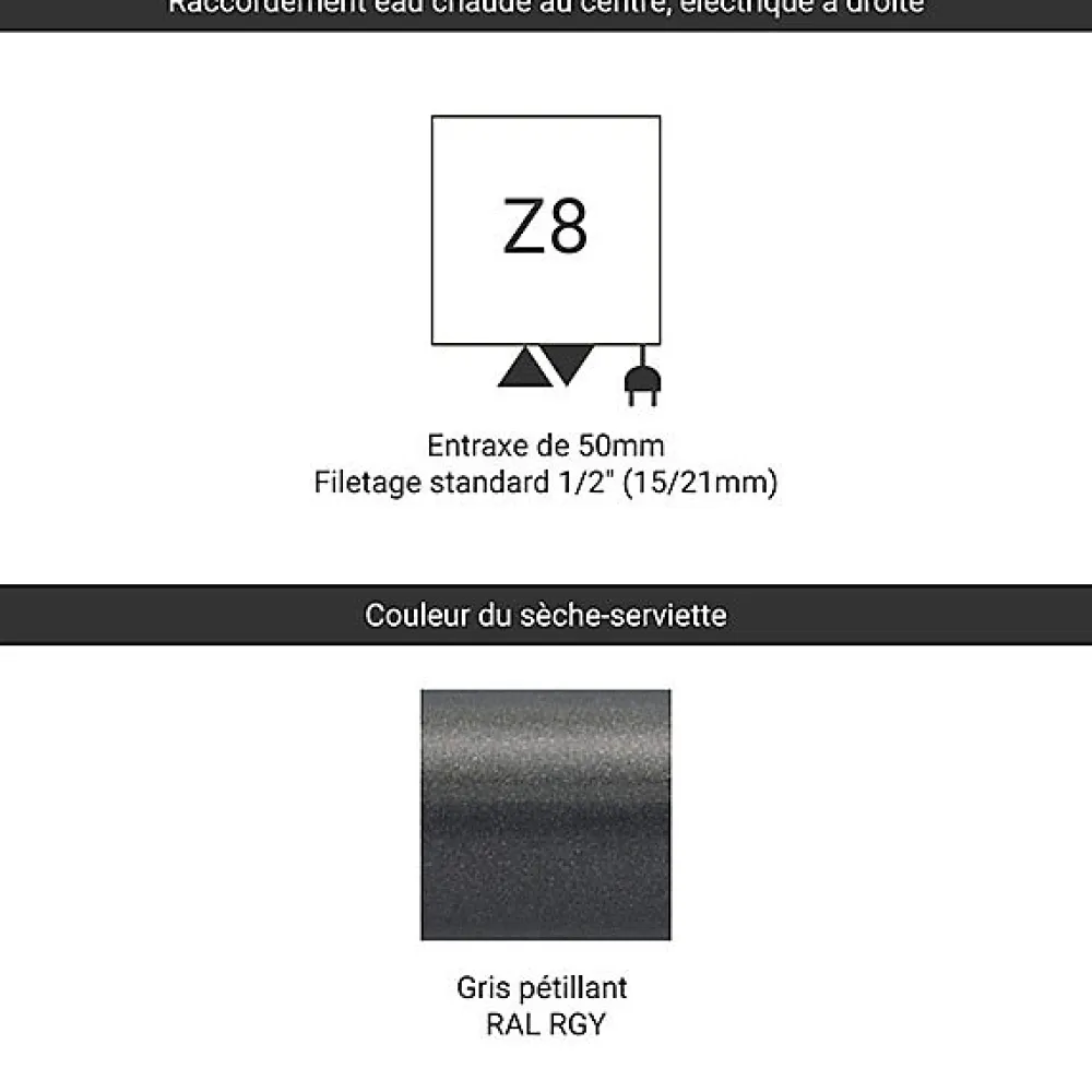 Matisere Sèche-serviette mixte gris de 1380mm de haut 630mm de large - 711 Watt - FIO1380/630Z8RGY
