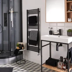 Sèche-Serviettes Eau Chaude|GoodHome Sèche-serviettes eau chaude en acier Duala noir 24 barres - 518 W