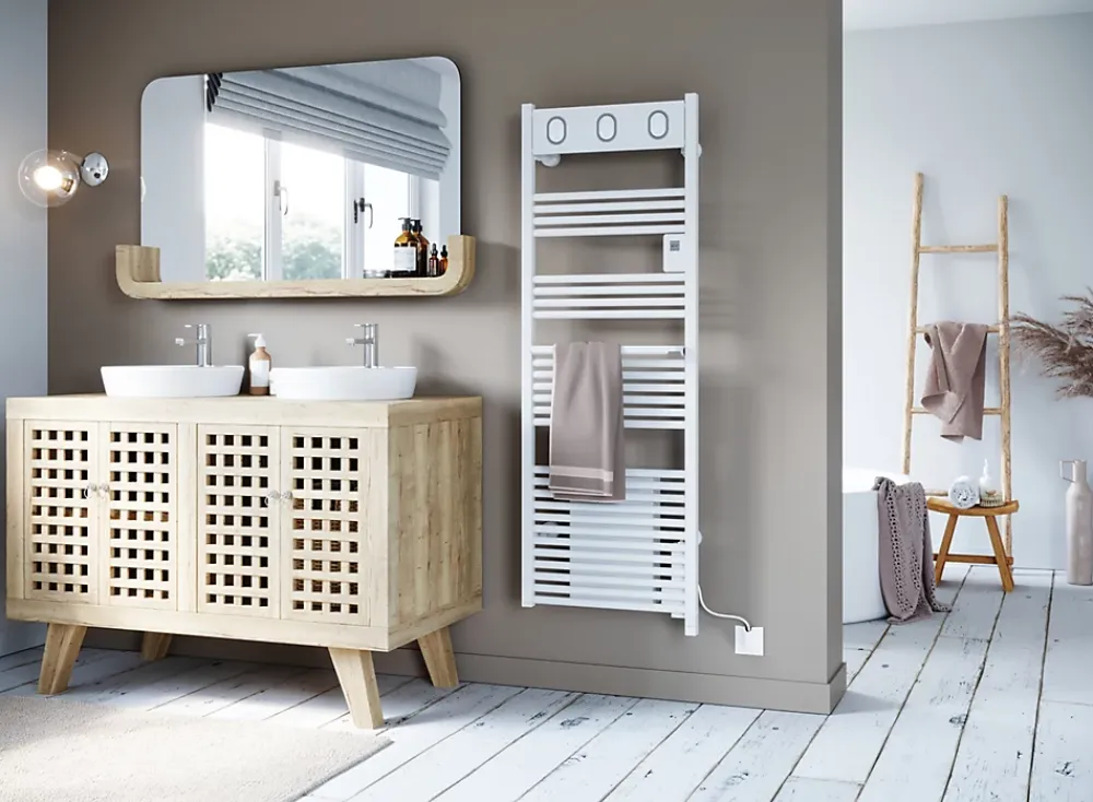 Sèche-Serviettes Soufflant|Sauter Sèche-serviettes électrique à inertie fluide Marapi tactile blanc 750W + soufflerie 1000W
