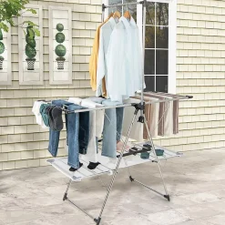 Giantex Séchoir à Linge Pliable, Barre de Suspension, Ailes Réglables, Pinces à Chaussettes, Tissu en Maille ,Crochets à Chaussures