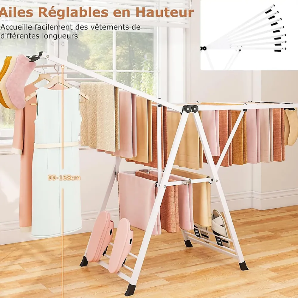 Etendoir À Linge|Giantex Séchoir à Linge Pliante, avec Ailes Latérales Hauteur Réglable, 20 Barres, Chaussures, Vêtements (1,8 M,Blanc)