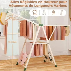 Etendoir À Linge|Giantex Séchoir à Linge Pliante, avec Ailes Latérales Hauteur, 18 Barres, Chaussures, Vêtements (1,6 M,Beige)