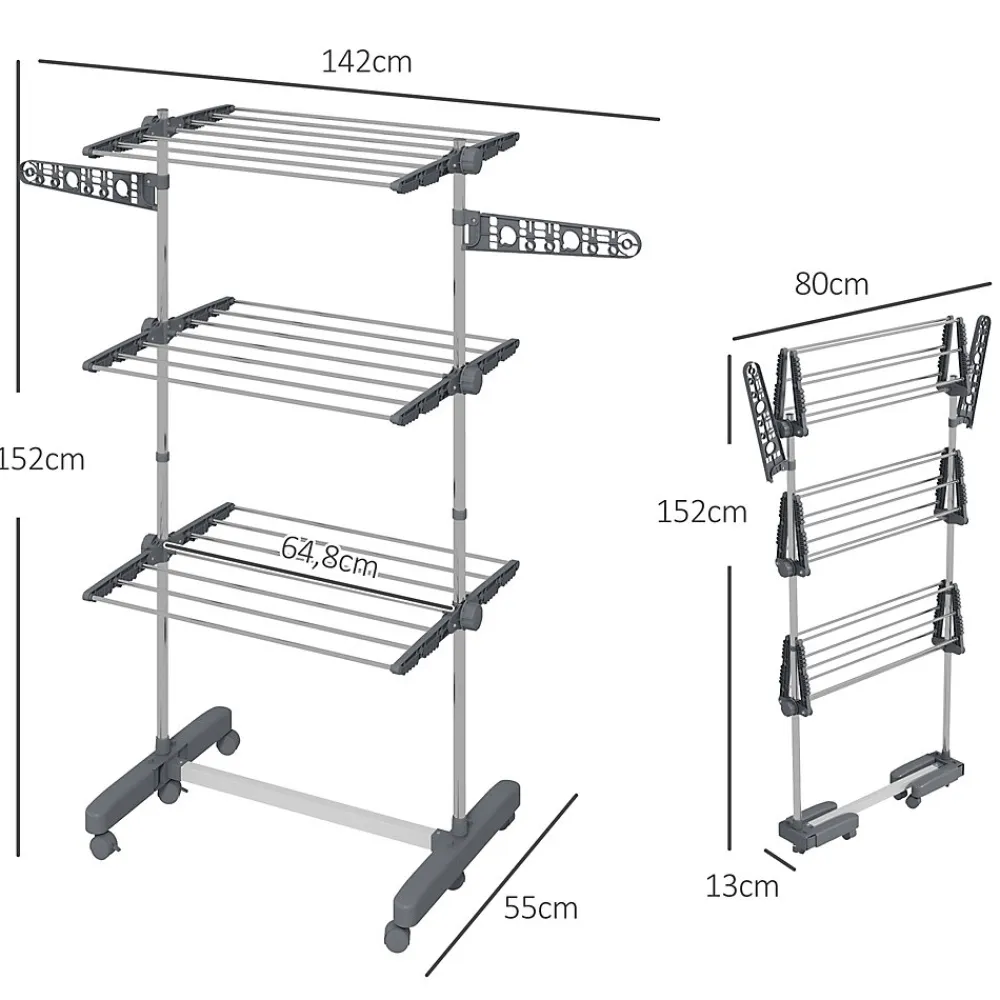 Homcom Séchoir à linge étendoir pliable ailes latérales 3 niveaux acier inox PP gris