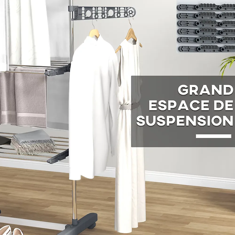 Homcom Séchoir à linge étendoir pliable ailes latérales 3 niveaux acier inox PP gris
