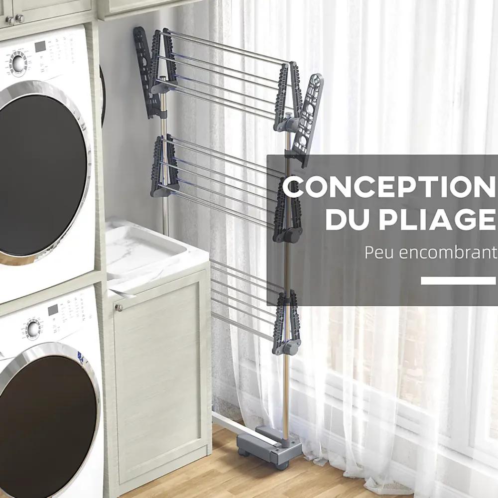 Homcom Séchoir à linge étendoir pliable ailes latérales 3 niveaux acier inox PP gris