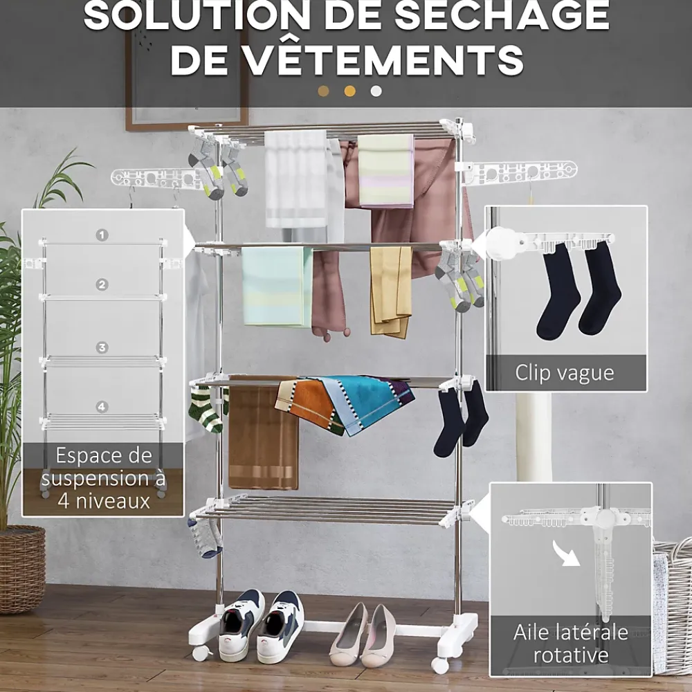 Etendoir À Linge|Homcom Séchoir à linge étendoir pliable ailes latérales sur 4 niveaux