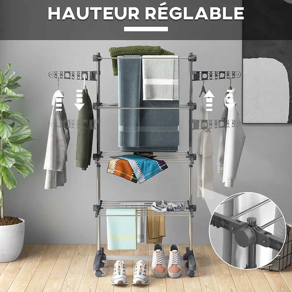 Etendoir À Linge|Homcom Séchoir à linge étendoir pliable ailes latérales 4 niveaux gris