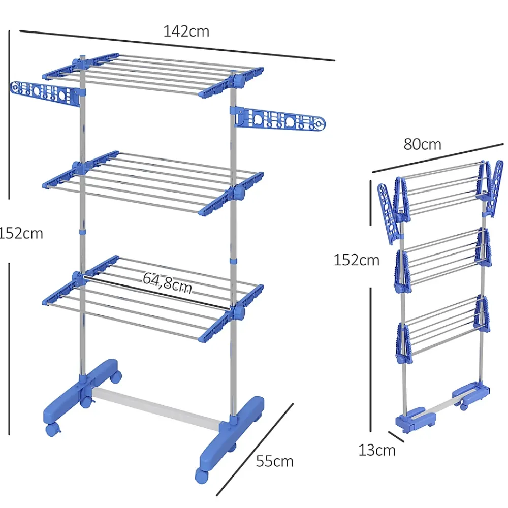 Homcom Séchoir à linge étendoir pliable ailes latérales 3 niveaux acier inox PP bleu
