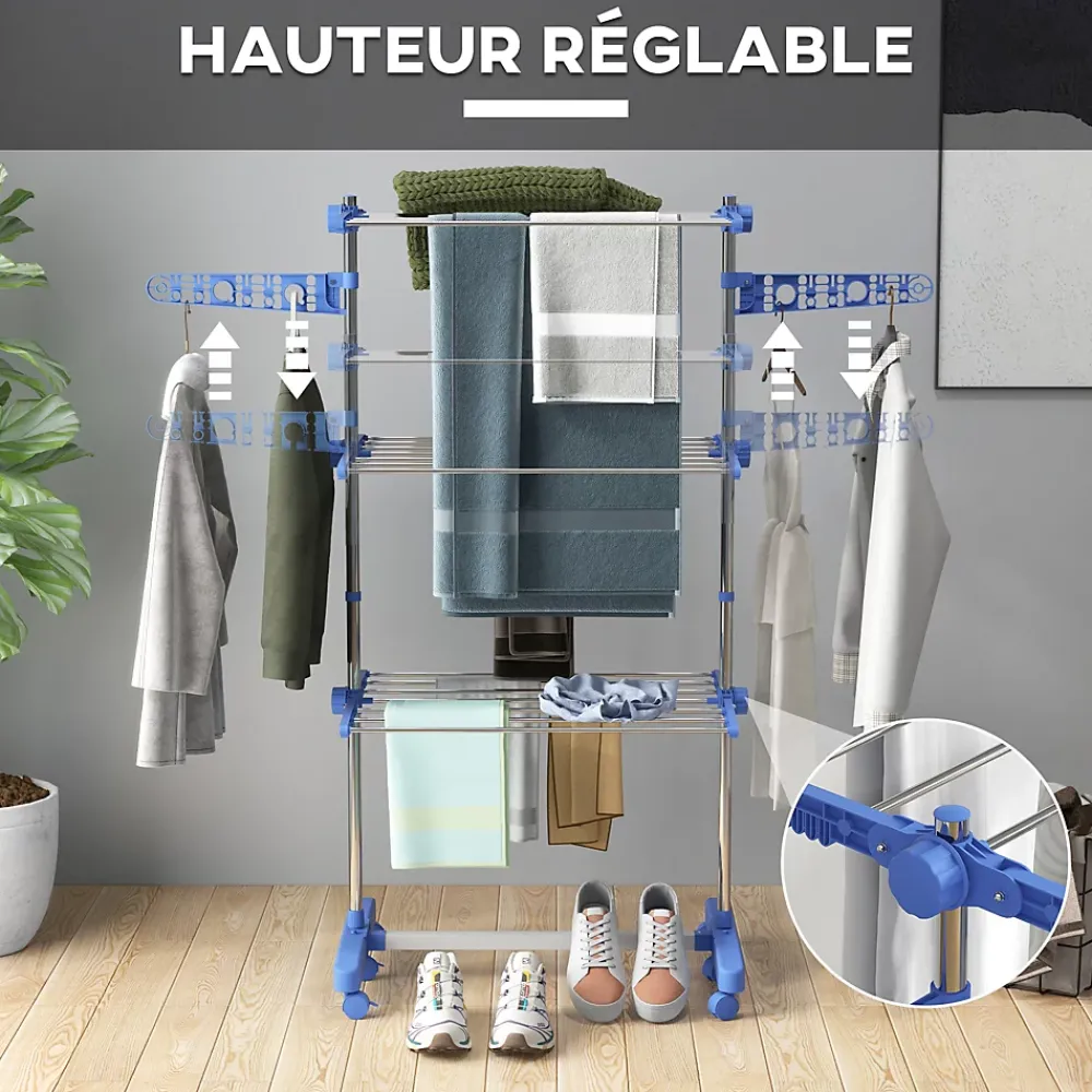 Homcom Séchoir à linge étendoir pliable ailes latérales 3 niveaux acier inox PP bleu