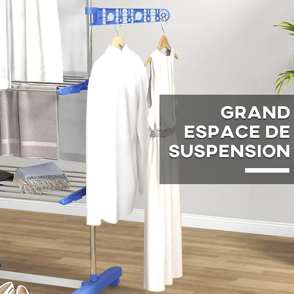 Homcom Séchoir à linge étendoir pliable ailes latérales 3 niveaux acier inox PP bleu