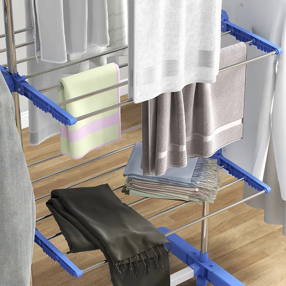 Homcom Séchoir à linge étendoir pliable ailes latérales 3 niveaux acier inox PP bleu