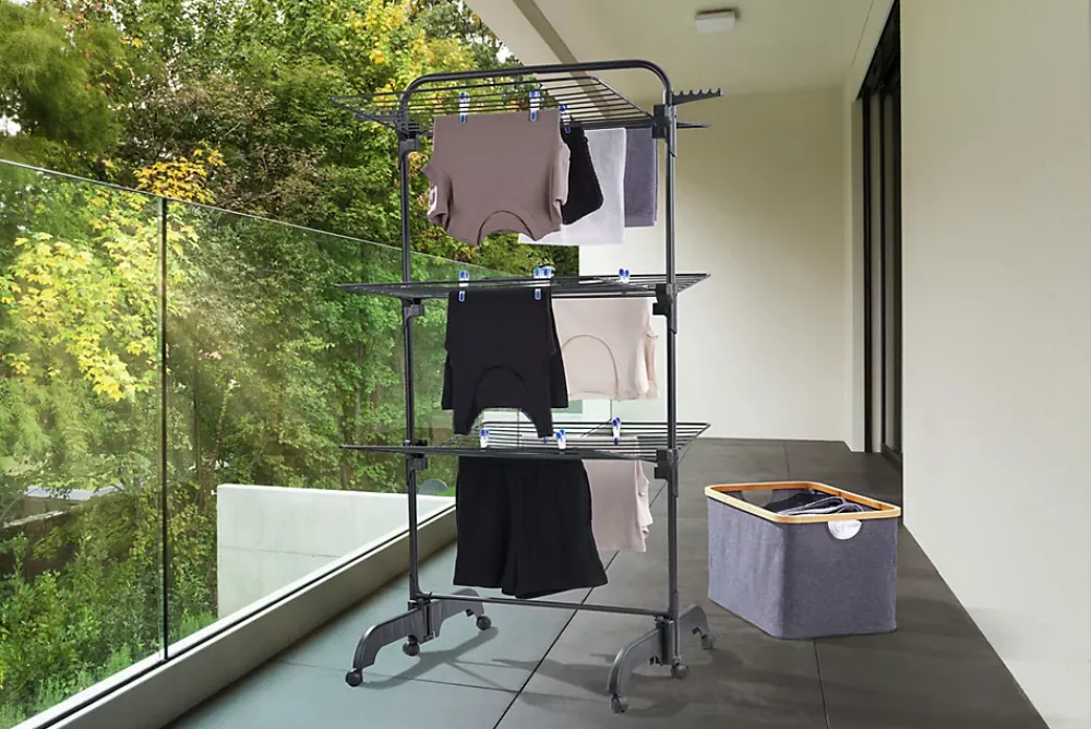 Leifheit Séchoir à linge tour noir sur roulettes 42 m d'étendage 3 niveaux, Comfort Tower 420 Black