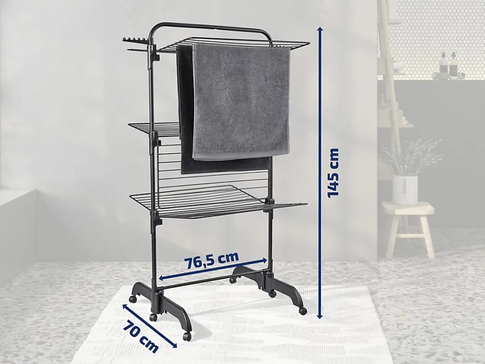 Leifheit Séchoir à linge tour noir sur roulettes 42 m d'étendage 3 niveaux, Comfort Tower 420 Black