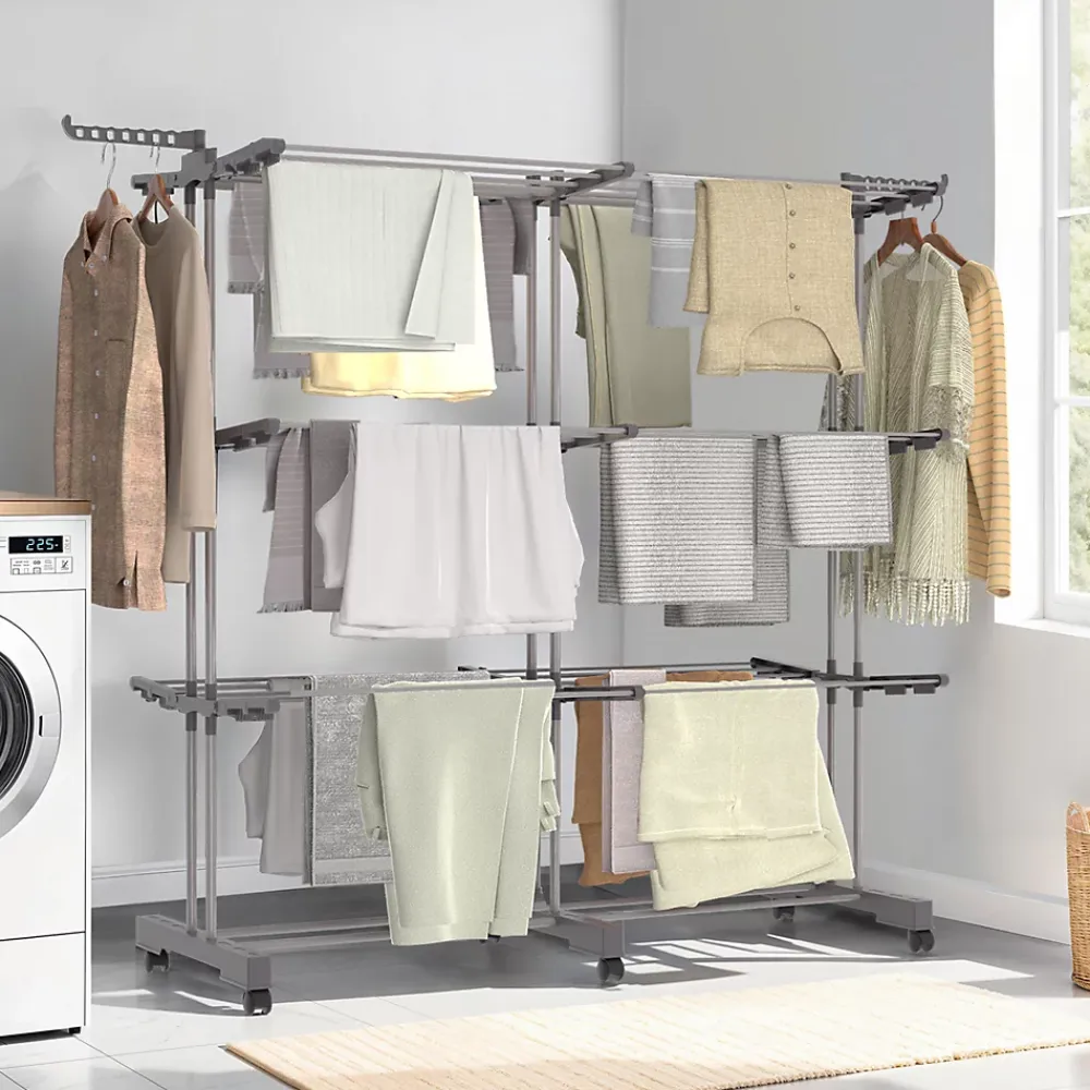 IDMarket Séchoir à linge vertical pliable et extensible 3 niveaux MAXI capacité 40M inox et gris