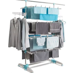 IDMarket Séchoir à linge vertical pliable 4 niveaux OPTIMUM capacité 30M avec tringle télescopique blanc et bleu