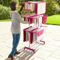 IDMarket Séchoir à linge vertical pliable 3 niveaux MAXIMA capacité 20M inox et rose