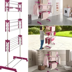 IDMarket Séchoir à linge vertical pliable 3 niveaux MAXIMA capacité 20M inox et rose