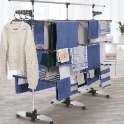 IDMarket Séchoir à linge vertical pliable 3 niveaux SUPRA capacité 50M avec tringle télescopique blanc et gris