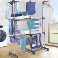 Etendoir À Linge|IDMarket Séchoir à linge vertical pliable et extensible 3 niveaux GIGA capacité 27M avec cintres et pinces inox et gris
