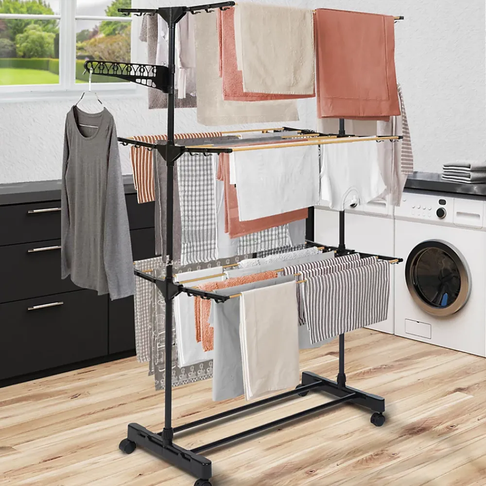 IDMarket Séchoir à linge vertical pliable 3 niveaux MAXIMA capacité 20M noir et effet bois