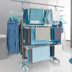 IDMarket Séchoir à linge vertical pliable 3 niveaux OPTIMUM capacité 30M avec tringle télescopique cintres et pinces blanc et bleu