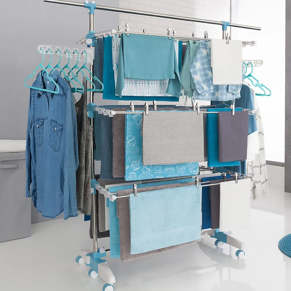 IDMarket Séchoir à linge vertical pliable 3 niveaux OPTIMUM capacité 30M avec tringle télescopique cintres et pinces blanc et bleu