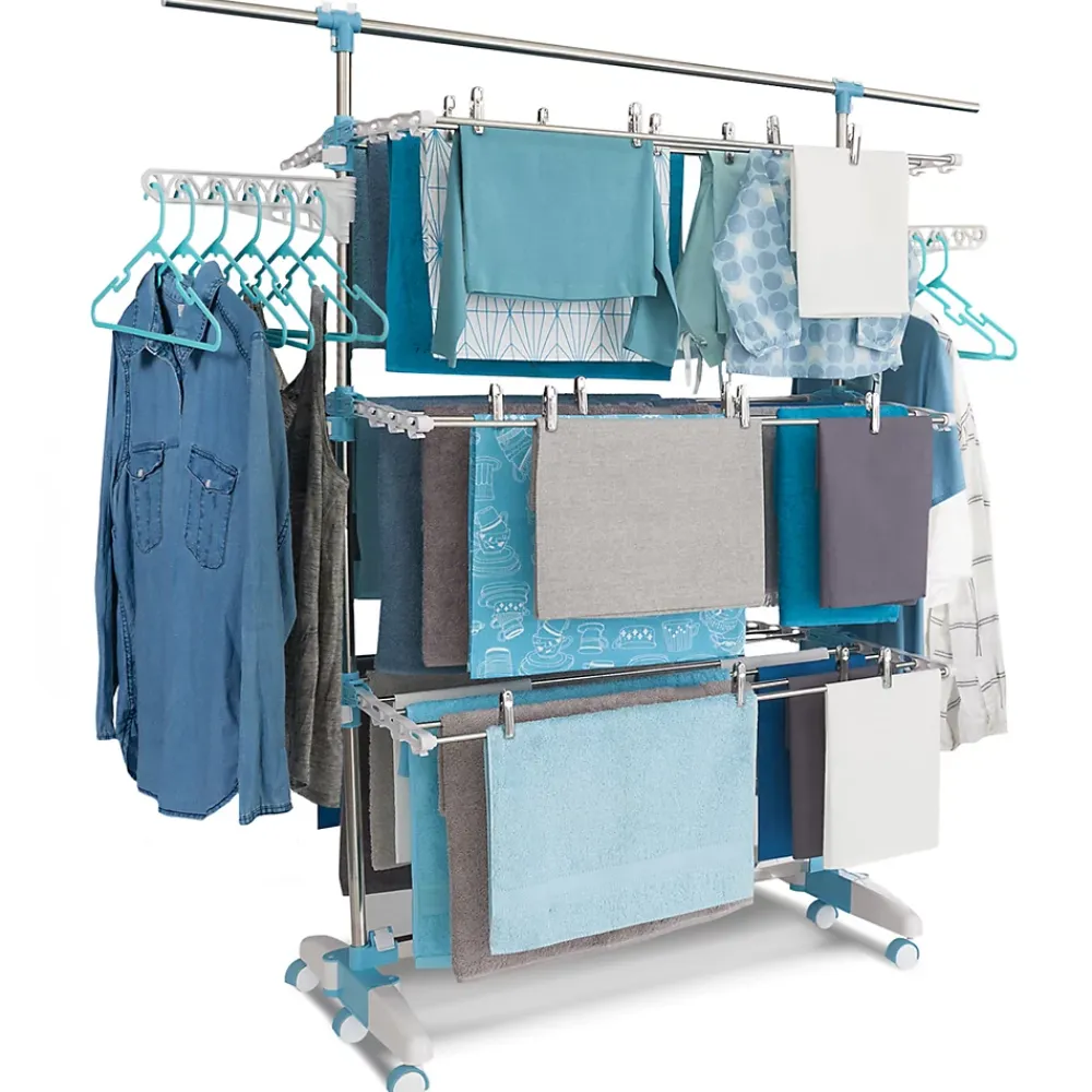 IDMarket Séchoir à linge vertical pliable 3 niveaux OPTIMUM capacité 30M avec tringle télescopique cintres et pinces blanc et bleu