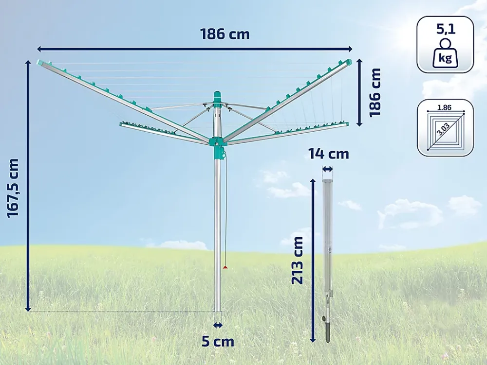 Leifheit Séchoir parapluie de jardin avec douille de fixation, 40 m d'étendage, gris et bleu turquoise, Linomatic 400 Easy