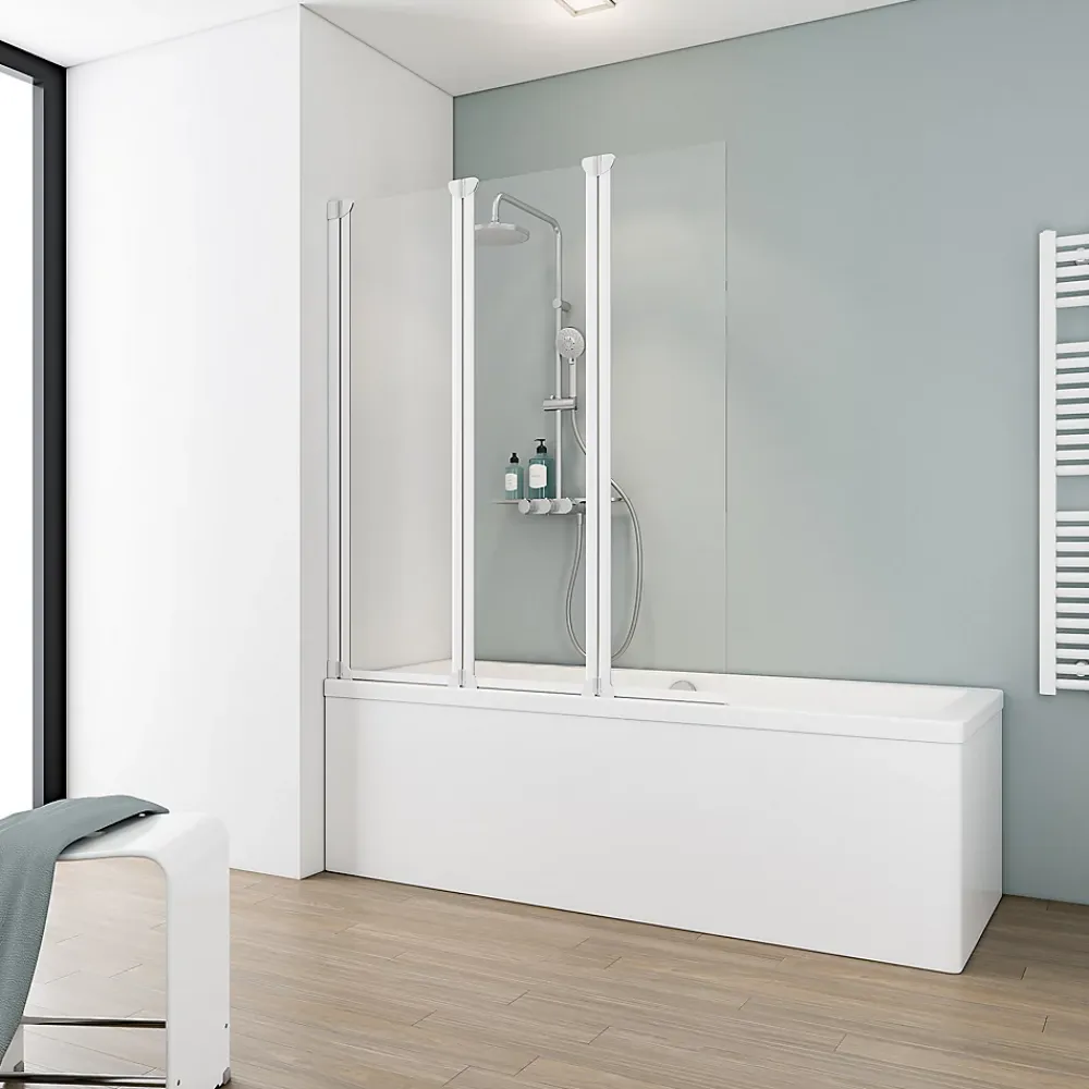 Pare-Baignoire|Schulte Pare-baignoire 124x130 cm - Réversible - Paroi rabattable - Verre 5 mm - 3 Volets pivotants - Profil Blanc