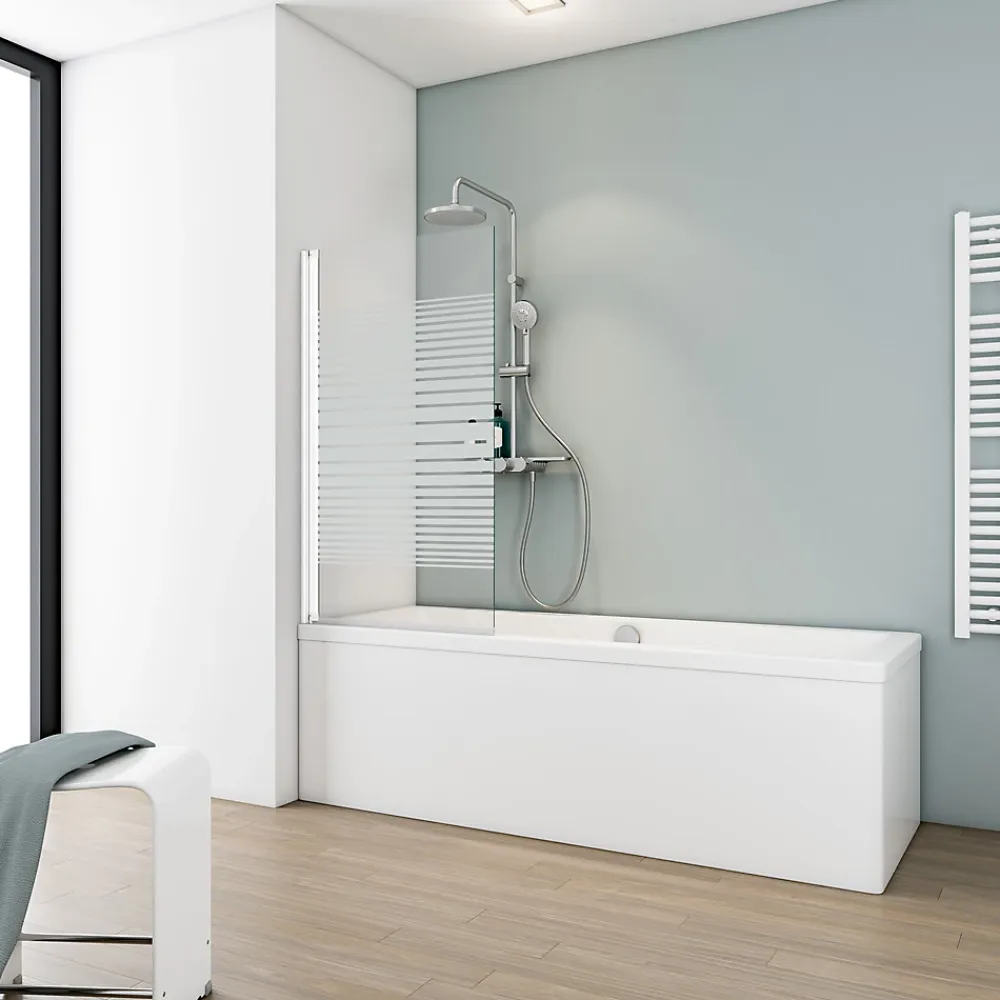 Schulte Pare-baignoire 70x130 cm - Réversible - Écran pliant - Verre de Sécurité transparent 5mm - Décor Bandes - Blanc