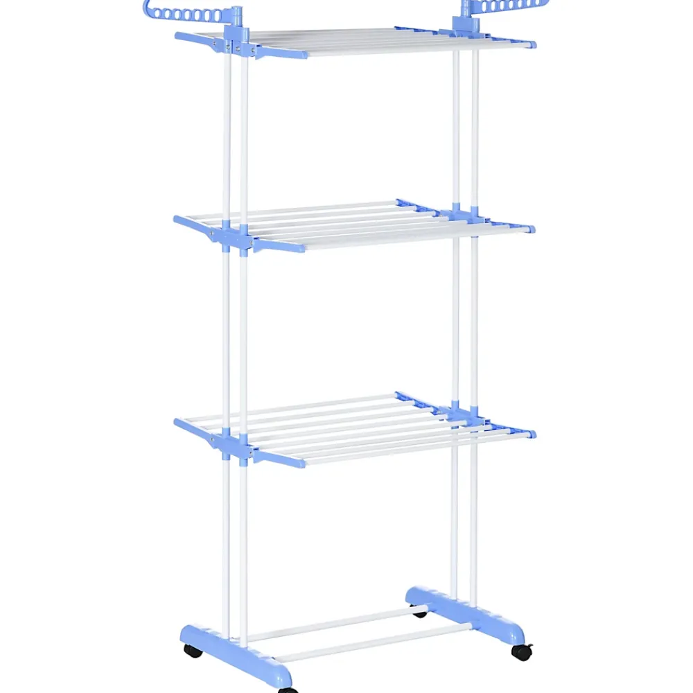 Etendoir À Linge|Homcom Sechoir à linge étendoir pliable 3 niveaux 2 ailes latérales à cintres acier blanc PP bleu