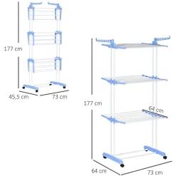 Etendoir À Linge|Homcom Sechoir à linge étendoir pliable 3 niveaux 2 ailes latérales à cintres acier blanc PP bleu